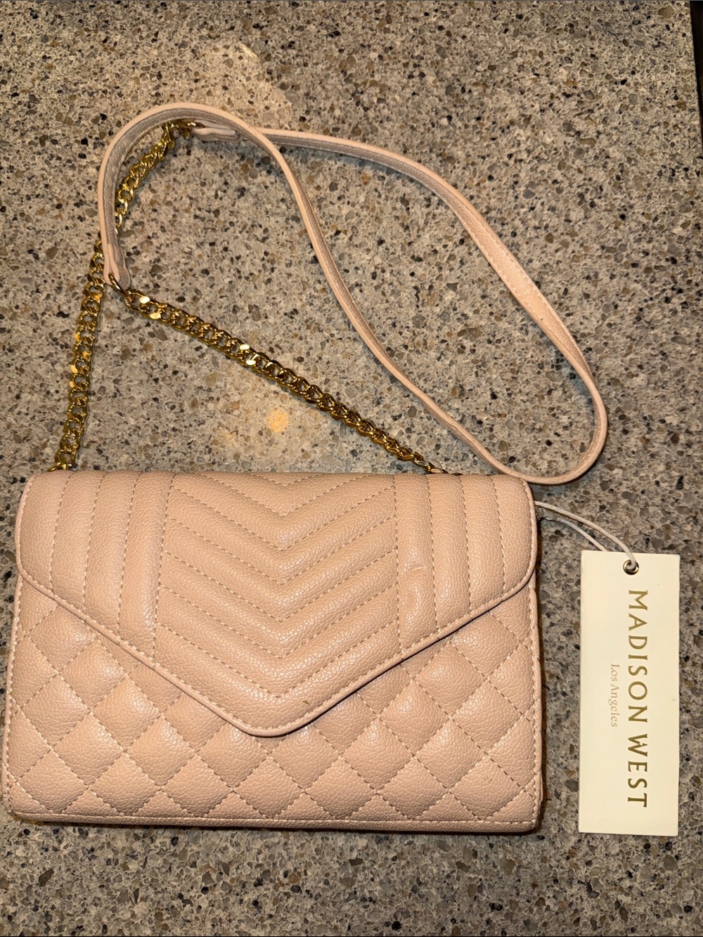Madison West Chevron Quilted Blush Crossbody with Gold Chain